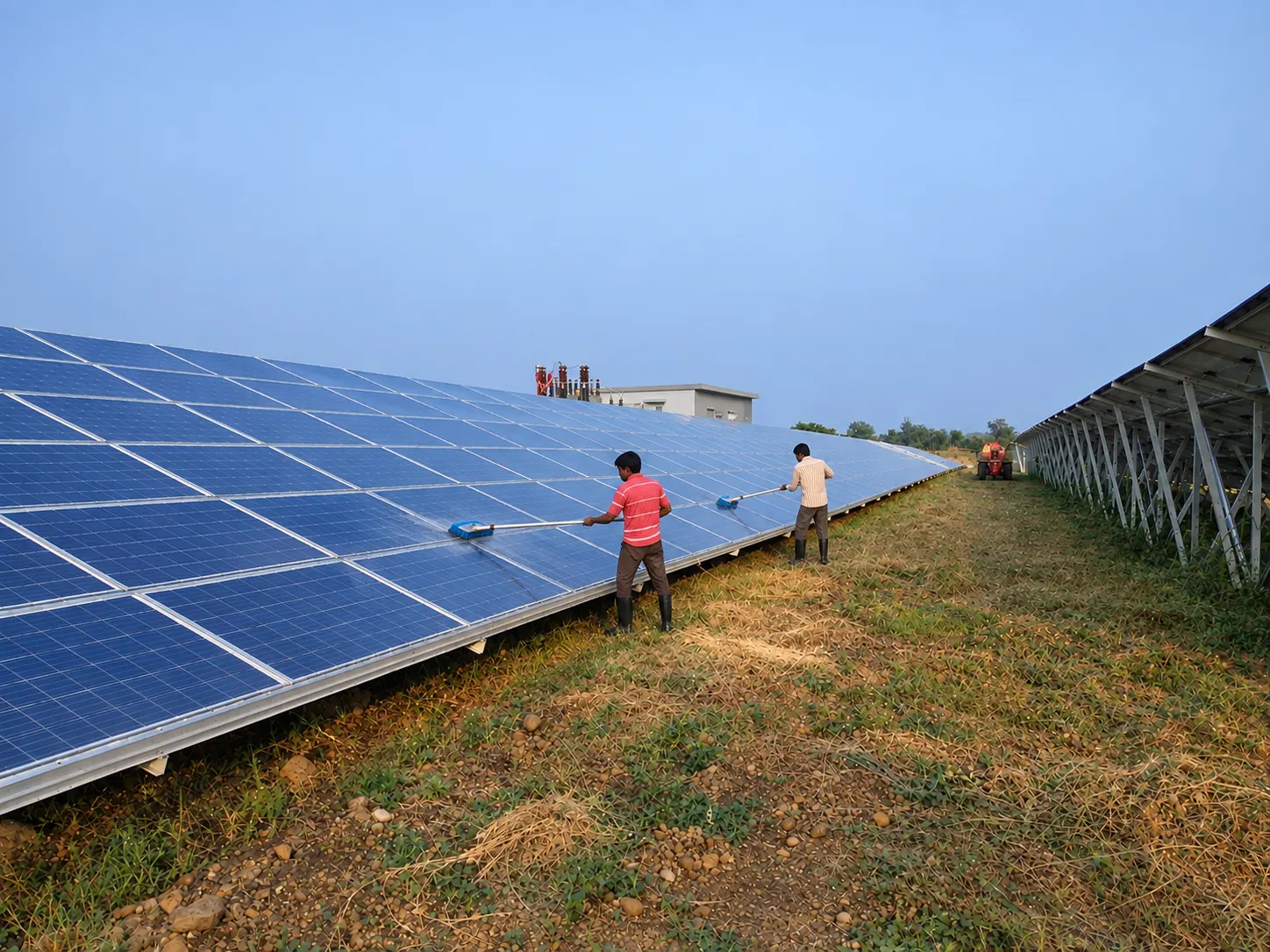 O&M workers using long-handled soft brushes to manually dry-clean PV modules at a utility-scale ground-mounted solar plant, with the plant substation visible in the background