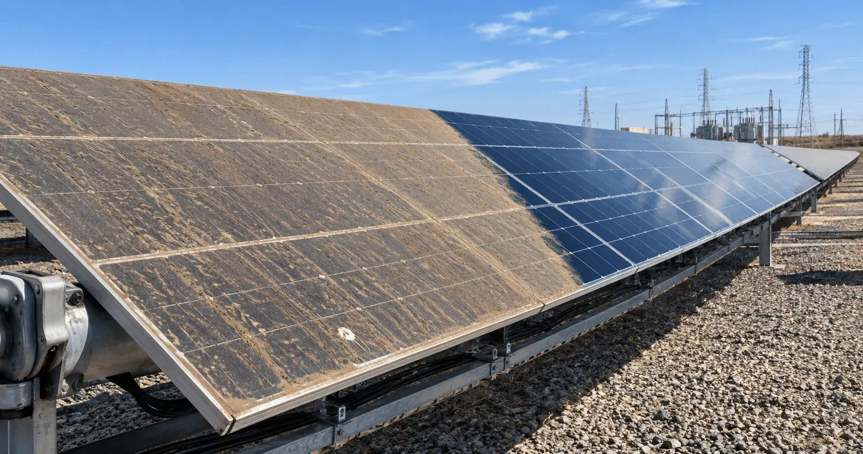 Utility-scale solar modules mid-cleaning, showing heavily soiled brown panels beside freshly cleaned dark-blue panels