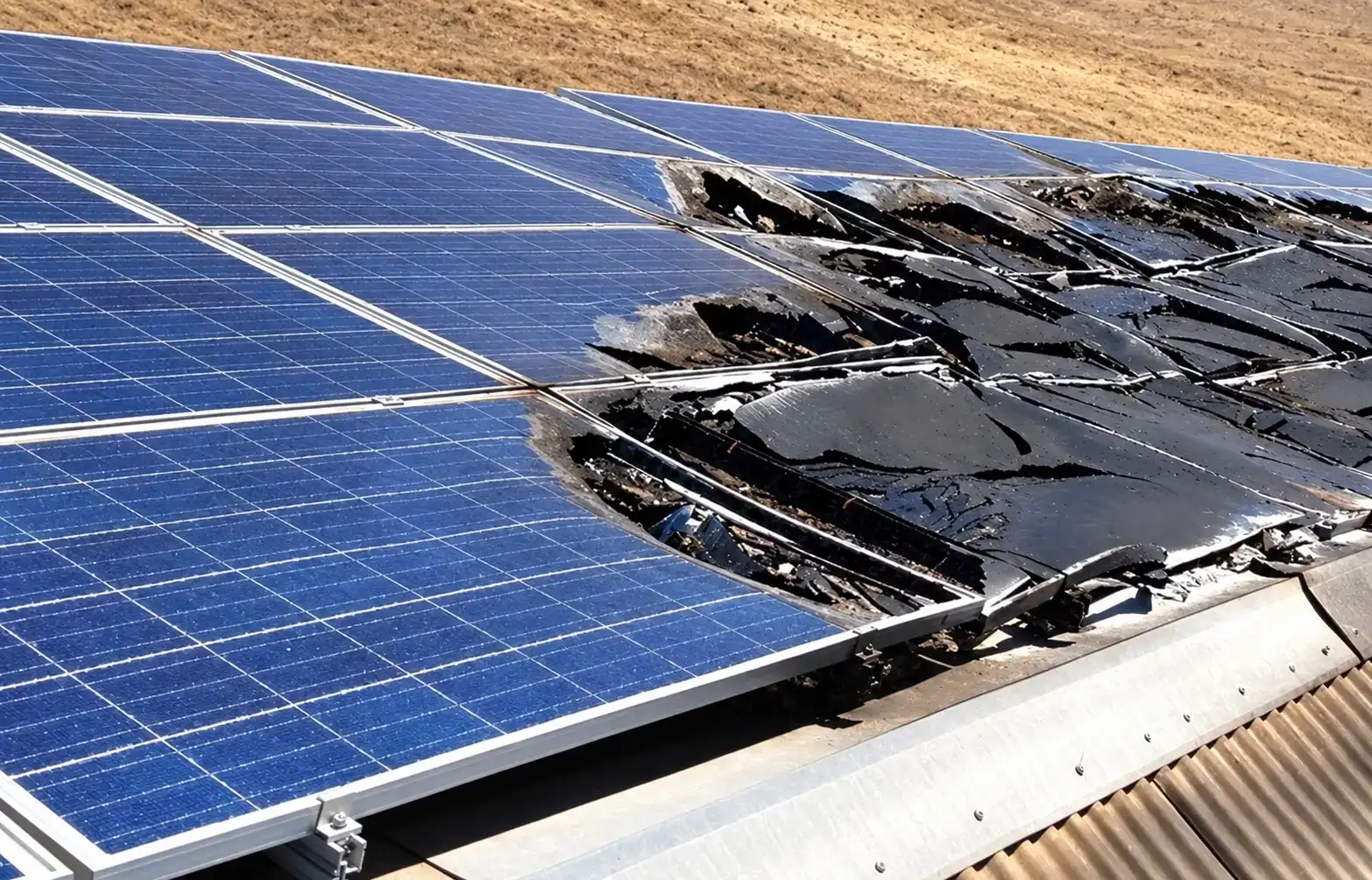 Eight polycrystalline PV modules completely destroyed by fire on a corrugated metal rooftop, backsheet burned through with melted black polymer visible across the damaged section, aluminum frames deformed from heat, adjacent undamaged modules visible on both sides, DC arc fault damage pattern from a 250 kWp rooftop solar plant