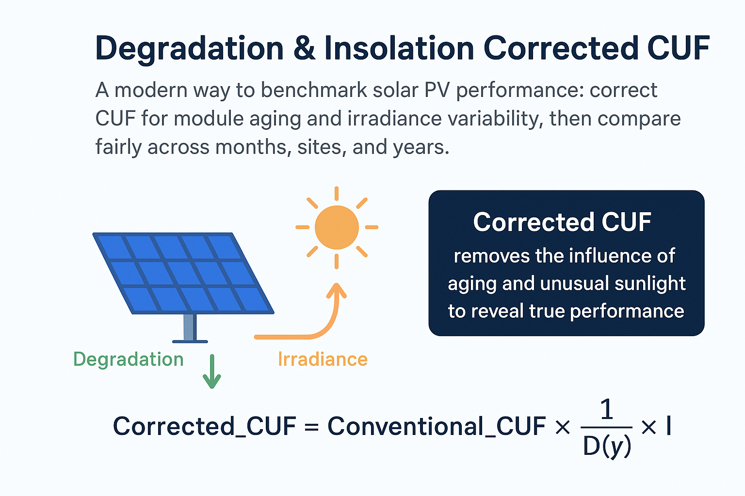 Diagram showing degradation and insolation corrected CUF for solar plant benchmarking