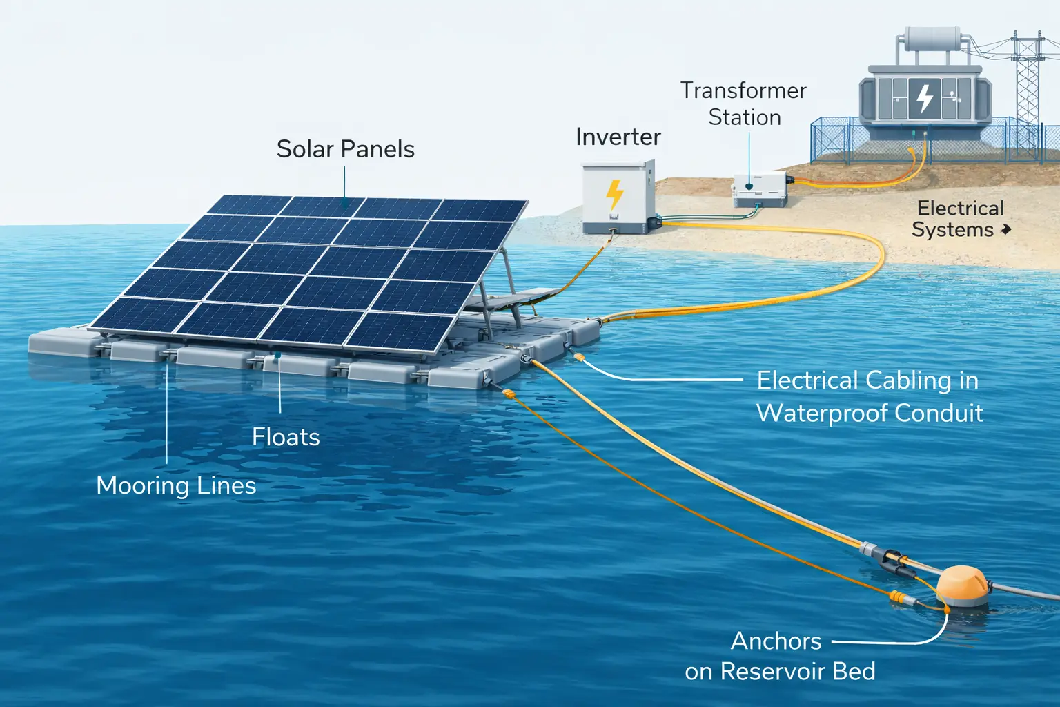 Technical diagram showing components of a floating solar power plant including floats, solar panels, mooring lines, and electrical systems