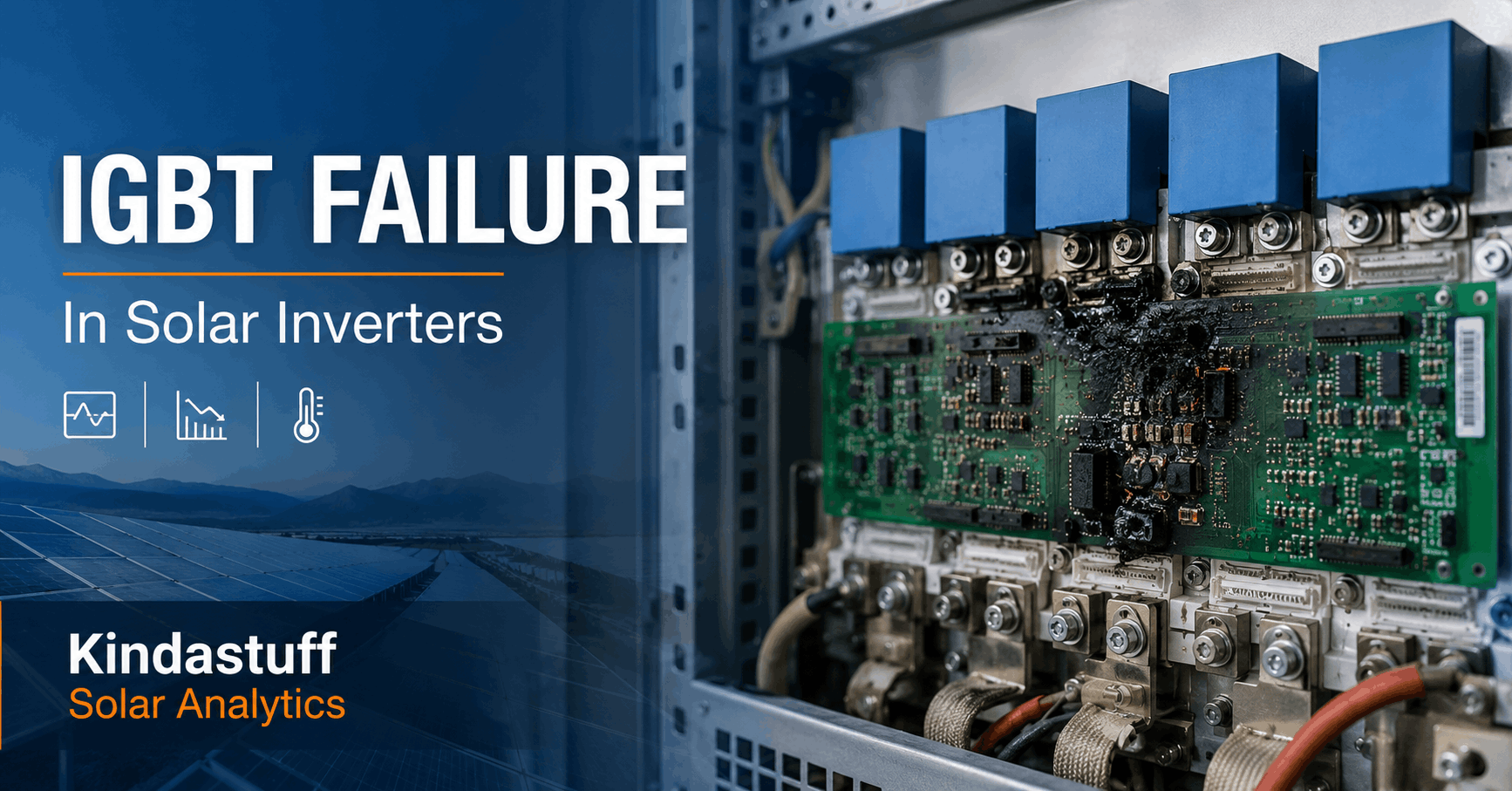 IGBT failure inside a utility-scale solar inverter showing a damaged gate driver PCB with Kindastuff Solar Analytics branding, illustrating field diagnostics and inverter performance troubleshooting