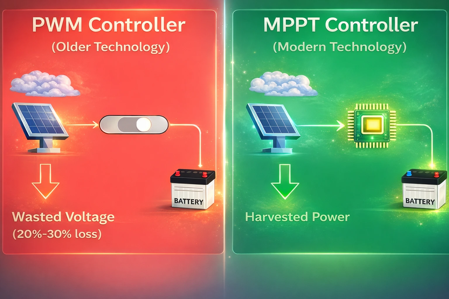 MPPT vs PWM charge controller comparison showing wasted voltage versus harvested power