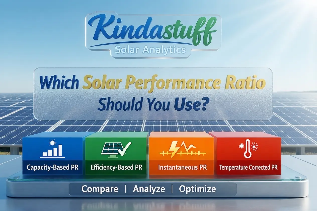 Performance Ratio (PR) types in solar PV showing Capacity Based PR, Efficiency-Based PR, Instantaneous PR, and Temperature Corrected PR with a transparent solar PV module background and Kindastuff Solar Analytics branding.