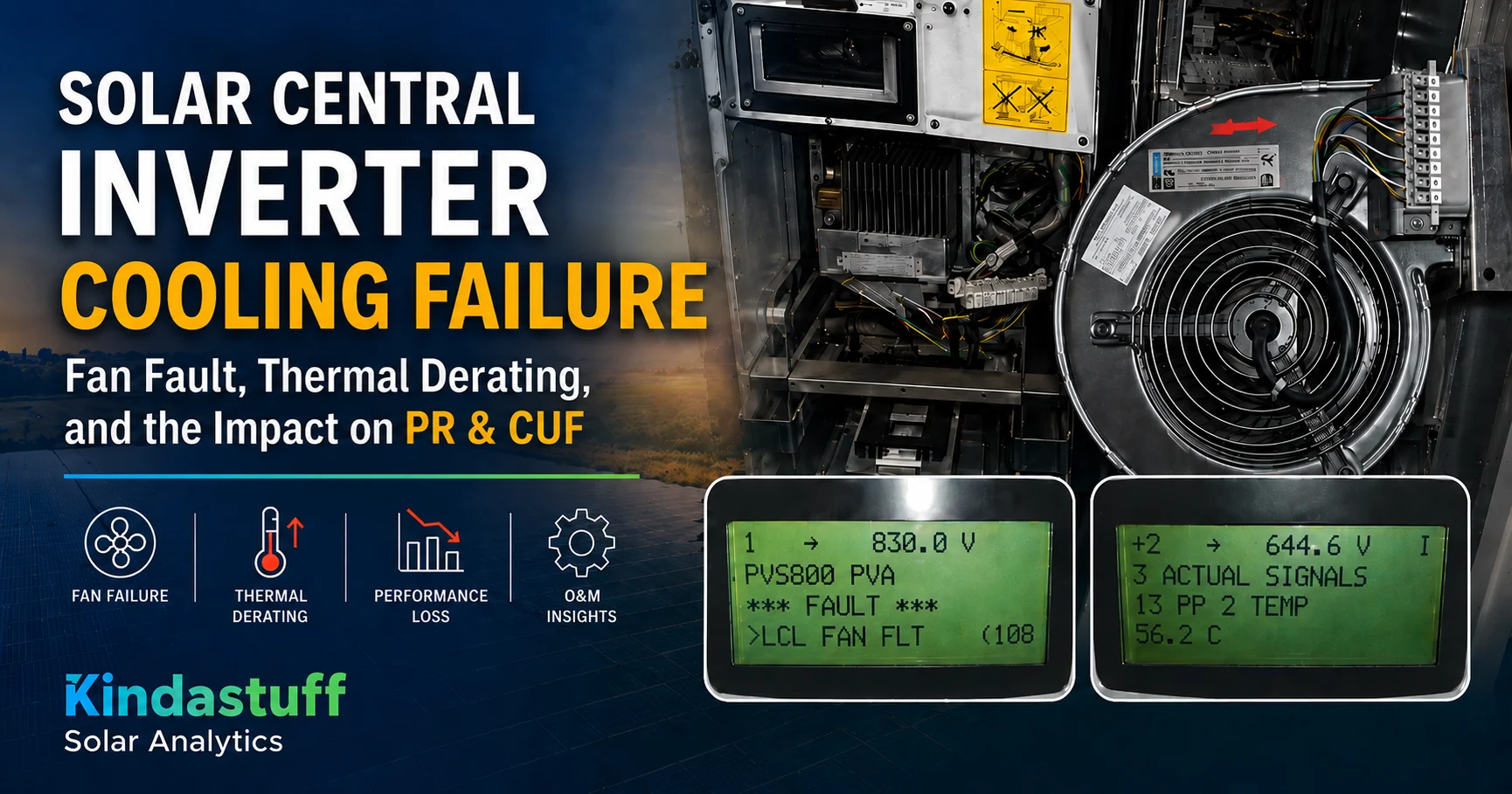 Solar central inverter cooling fan failure causing thermal derating with LCL FAN FLT fault on display showing impact on PR and CUF