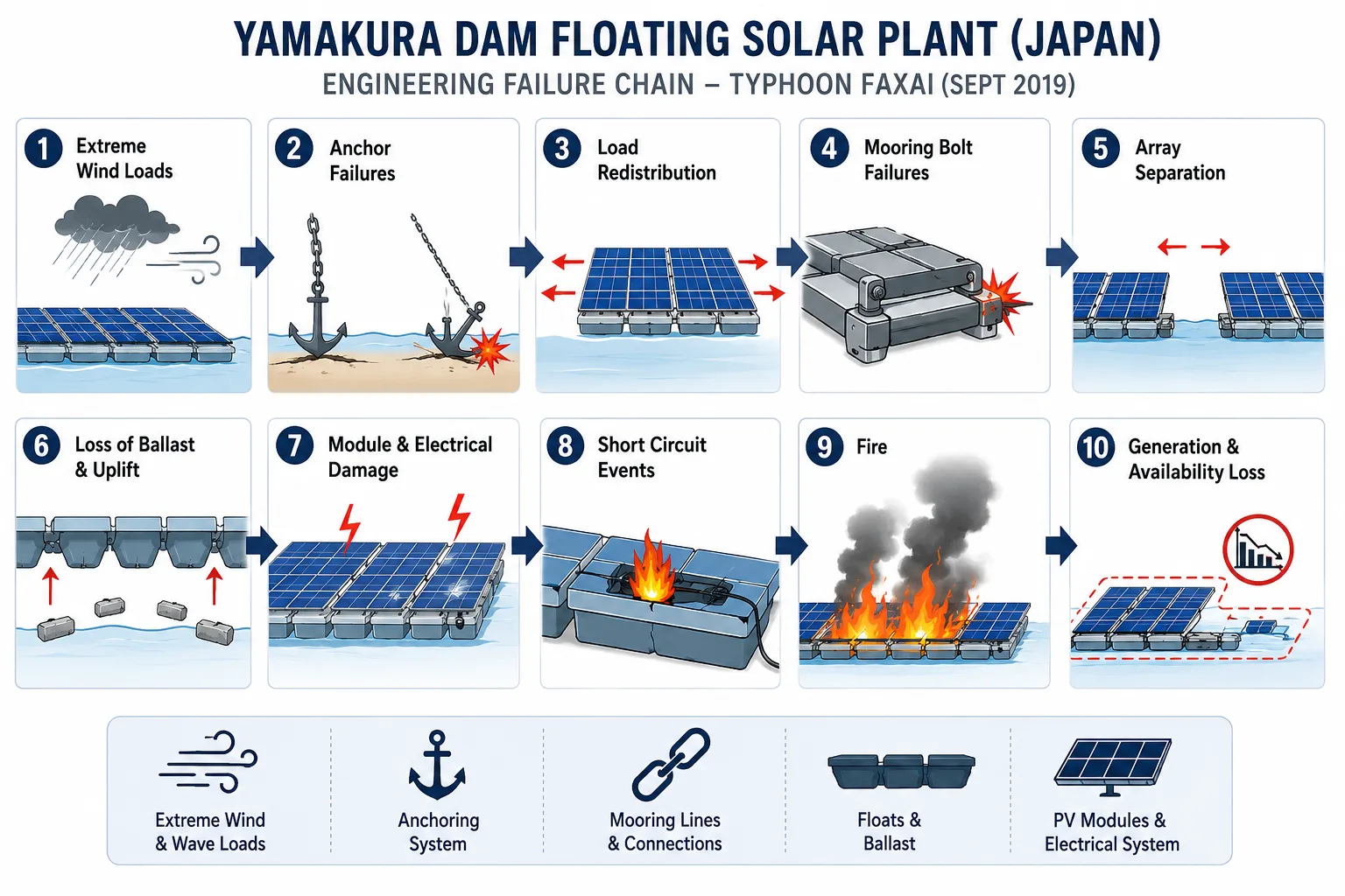 Diagram of the ten-step failure chain at Japan's Yamakura Dam floating solar plant during Typhoon Faxai, from wind load to fire and generation loss